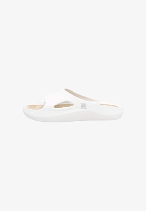 White foam slide sandal with an open toe, curved arch, and cut-out side windows. Textured footbed and subtle branding on the side.