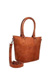 Borsa a tracolla in pelle marrone con due manici corti, una tracolla removibile e dettagli in metallo argentato. Texture liscia e design minimalista.
