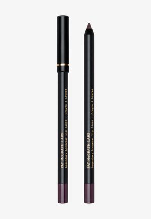 Black lip liner pencils with a pointed tip, featuring gold text on the body and a burgundy end cap for color identification.