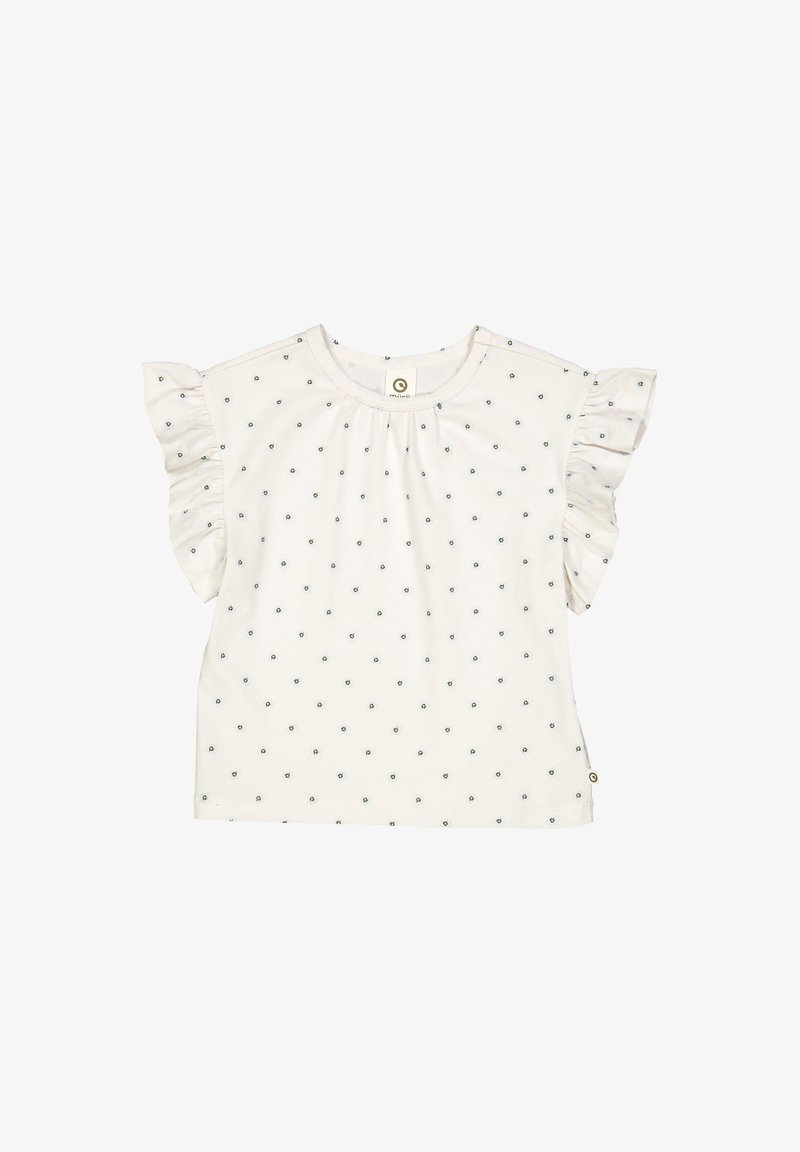 Short-sleeve, light cream top with ruffled sleeves, featuring a scattered blue dot pattern. Made from soft fabric with a round neckline.