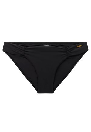 Zwarte bikinibroek met gerimpelde zijkanten en een klein goudkleurig merklabel op de rechterheup.