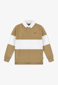 Polo à manches longues à rayures marron et blanches avec un col classique, en coton, et un petit logo rouge sur la poitrine.