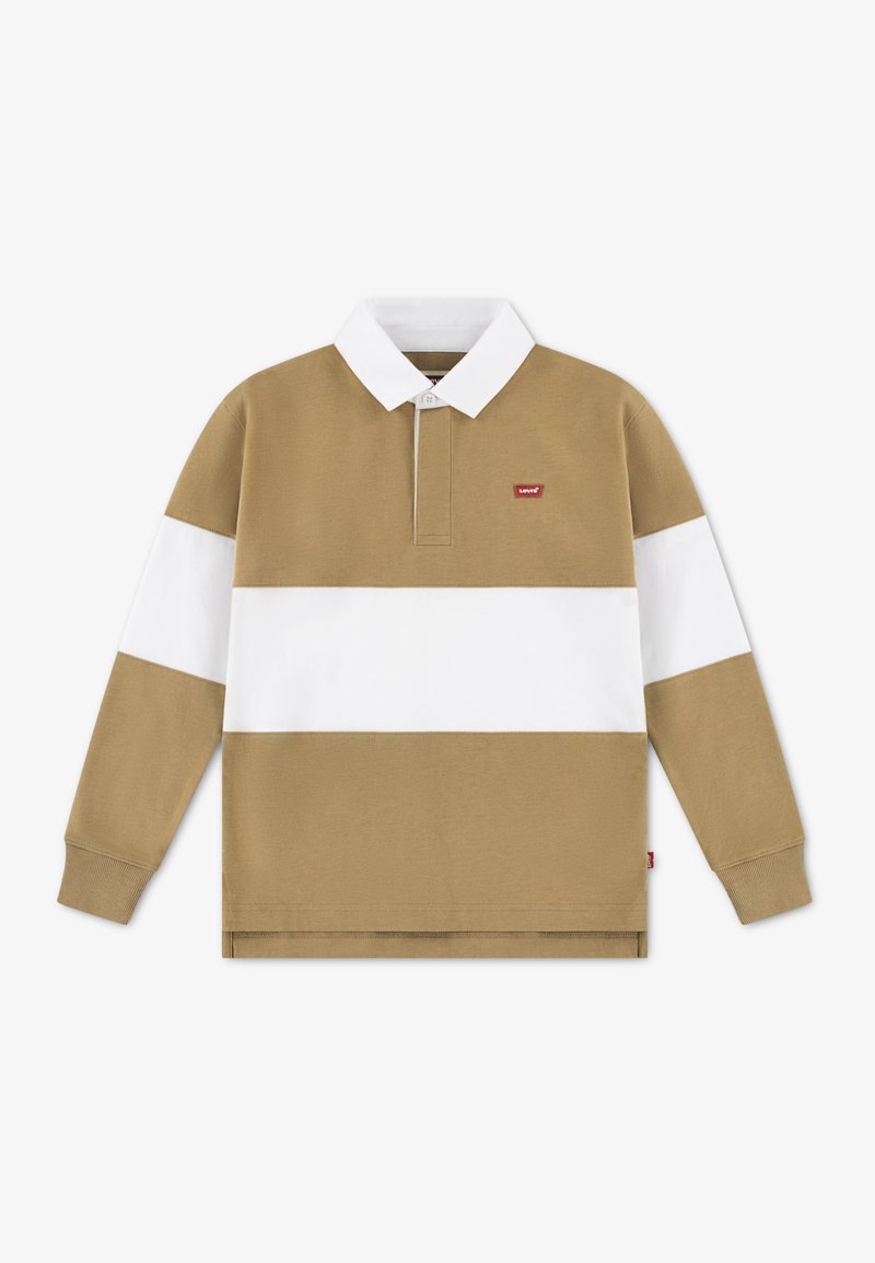 Polo à manches longues à rayures marron et blanches avec un col classique, en coton, et un petit logo rouge sur la poitrine.