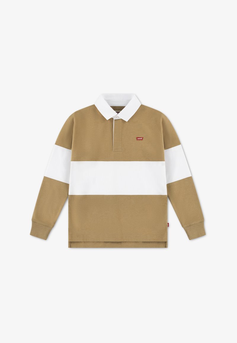 Polo à manches longues à rayures marron et blanches avec un col classique, en coton, et un petit logo rouge sur la poitrine.