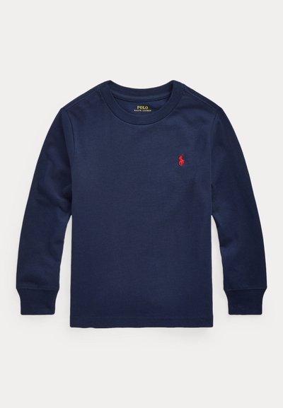 Mørkeblå langærmet skjorte med rund halsudskæring og lille rødt broderet Polo Ralph Lauren-logo på venstre bryst.