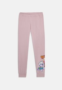 Pantalons lilas pour enfants avec taille élastique et personnages de chiens de dessin animé sur la jambe inférieure droite.