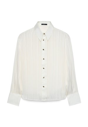 Blouse blanche à manches longues avec fines rayures verticales, col pointu, boutons dorés et larges poignets.