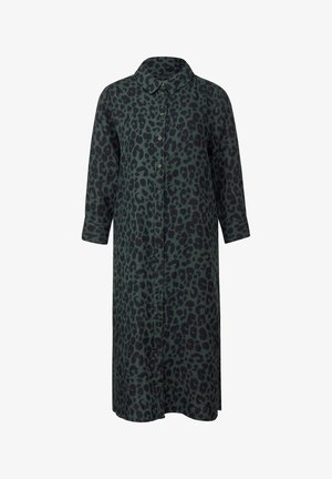 Groene luipaardprint jurk met lange mouwen, een klassieke kraag en een knoopsluiting aan de voorkant. Zacht materiaal en een lengte tot de knie.