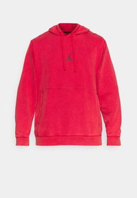 Sweat à capuche rouge avec cordon de serrage, poche kangourou et logo Jordan noir sur la poitrine. Confectionné en tissu doux et texturé.