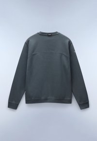 Grijze sweatshirt van textuurstof. Heeft een ronde hals en lange mouwen, met naaddetails over de bovenrug.