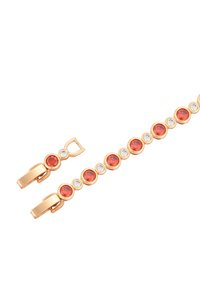 Bracciale in tono dorato con pietre rotonde rosse e trasparenti, alternate in un motivo decorativo. Design con chiusura a scatto per la sicurezza.