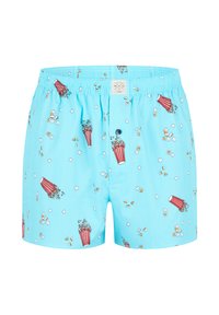 Turkusowe szorty z elastycznym pasem, ozdobione wzorem z kubełkiem popcornu i rozsypanym popcornem, wykonane z lekkiego materiału.