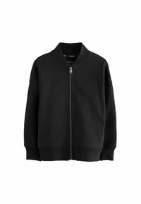 Giacca nera con zip realizzata in un morbido cotone misto. Presenta un colletto a costine, polsini e un logo in rilievo discreto sul petto.