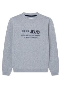 Szary sweter z dzianiny z okrągłym dekoltem, ribbowanymi mankietami i dołem, z granatowym napisem z logo marki oraz koordynatami.