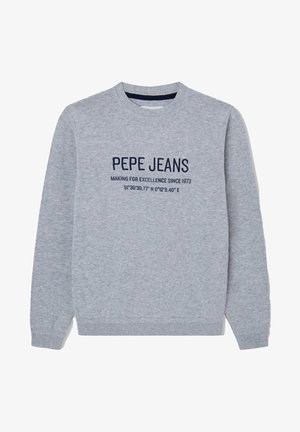 Gray knit sweater featuring a crew neckline, ribbed cuffs and hem, with navy text detailing the brand and coordinates.