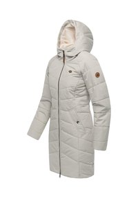 Light gray, quilted long coat with a hood, zip closure, two side pockets, and a soft, cream-colored lining. Includes a logo patch on the sleeve.
