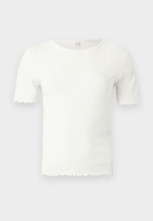 Haut blanc à manches courtes en tricot côtelé avec bords festonnés aux manches et à l'ourlet, doté d'un col rond.