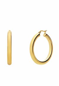 Boucles d'oreilles en métal doré en forme de créoles, avec un design lisse et arrondi et une fermeture à charnière. Elles présentent une finition polie et une silhouette épurée et minimaliste.