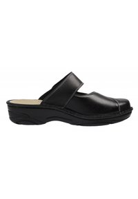 Black leather clog with a wide strap and cushioned insole, featuring a textured surface and a sturdy rubber sole with a slight heel.