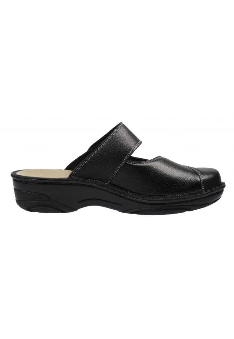 Black leather clog with a wide strap and cushioned insole, featuring a textured surface and a sturdy rubber sole with a slight heel.