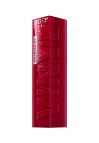 Produit à lèvres cylindrique rouge avec finition brillante. Présente un texte en relief audacieux indiquant "SUPER STAY" et "VINYL INK". Design élégant.