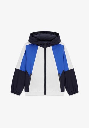 Veste à capuche pour enfants avec fermeture éclair à l'avant, poignets élastiques et blocs de couleurs en bleu, blanc et noir.