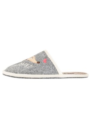 Gray felt slipper with a triangular shape, cream trim, and a fox design featuring a heart. Soft texture and flat sole for comfort.
