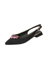 Zapato slingback de ante negro con punta afilada y un pequeño tacón cuadrado. Adornado con acentos de joyas multicolores en la parte superior. Detalles en dorado.
