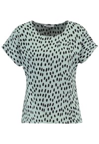 Krátký rukáv top v jemné mátové látce se vzorem černých puntíků, kulatým výstřihem a volným střihem. Hladká textura a snadno splývá.