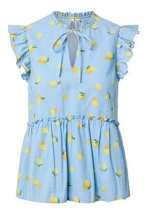 Lyseblå ærmeløs bluse med flæseærmer, citronprint, nøglehulssnit og bindedetalje ved halsen.