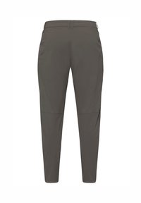 Pantaloni grigio scuro a gamba stretta con passanti per cintura, cuciture visibili sulle ginocchia e tasche laterali, mostrati di spalle su uno sfondo bianco.