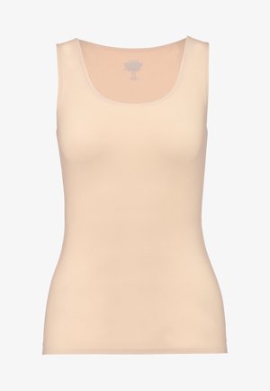 Beige tank top with a rounded neckline, made of smooth, stretchy fabric. Features a fitted silhouette and simple design.