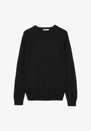 Schwarzer Strickpullover mit Rundhalsausschnitt, langen Ärmeln und geripptem Muster, der eine lässige Passform bietet.