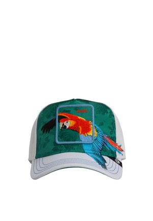 Valkoinen ja vihreä baseball-lippis, jossa kirjailtu värikäs papukaija ja etupaneelissa teksti "GUAPO".