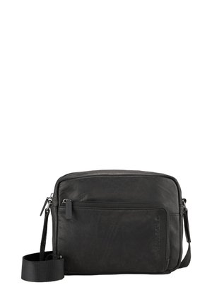 Borsa a tracolla nera in pelle con finitura liscia, tasca frontale con zip, tracolla regolabile e logo del marchio impresso di lato.