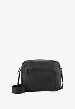 Borsa a tracolla nera in pelle con finitura liscia, tasca frontale con zip, tracolla regolabile e logo del marchio impresso di lato.