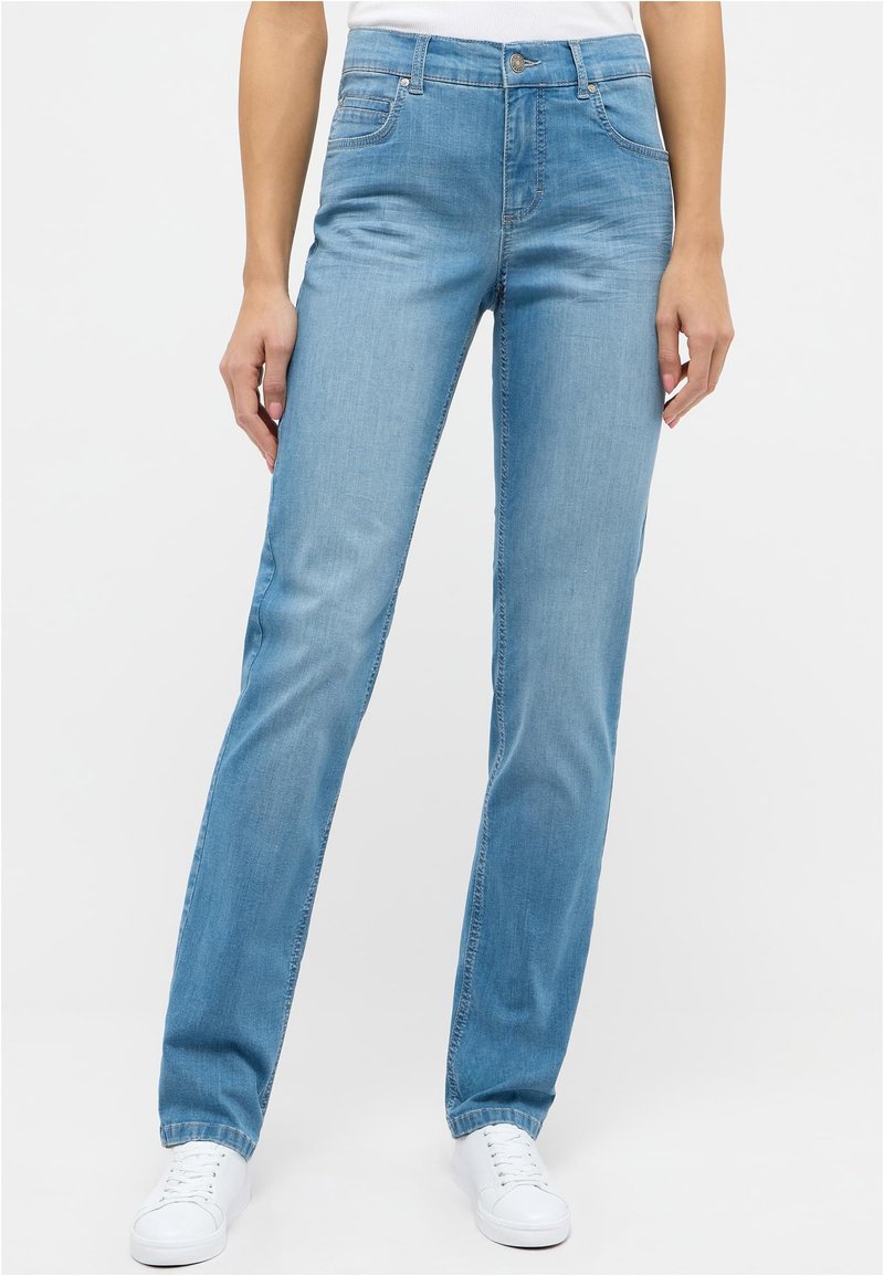 Light blue denim jeans with a straight-leg cut, five pockets, and a front button closure. Smooth texture with subtle fading details.