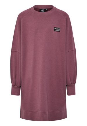 Sukienka bluza w kolorze przygaszonego różu z długim rękawem, z prążkowanymi mankietami i krawędzią, okrągłym dekoltem oraz małą czarną naszywką z logo "hummel" na piersi.