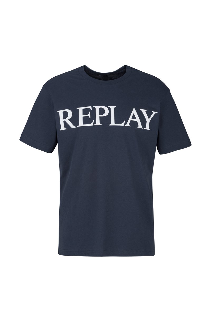Marineblaues Baumwoll-T-Shirt mit kurzen Ärmeln und rundem Halsausschnitt, mit "REPLAY" in großen weißen Buchstaben auf der Brust bedruckt.