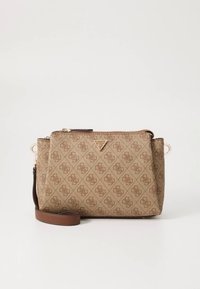 Beige patterned handbag made of textured fabric with a zip closure, featuring a tan leather strap and a triangular logo.