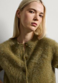 Cárdigan verde esponjoso con cuello redondo, tres botones de madera y puños acanalados. La textura es suave, lo que resalta un diseño acogedor.
