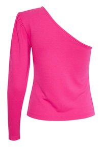 Asymmetrisches pinkes Langarmshirt aus weichem Material; verfügt über eine Schulternackenschulter mit Raffung an dem langen Ärmel.