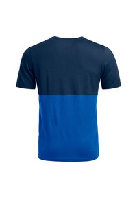 Short-sleeve T-shirt with a navy top section and a blue lower section. Made of soft fabric, features a classic crew neck design.