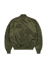 Olivovo zelená bomber bunda s rebrovaným golierom, manžetami a pásom, zobrazená zozadu na bielom pozadí.