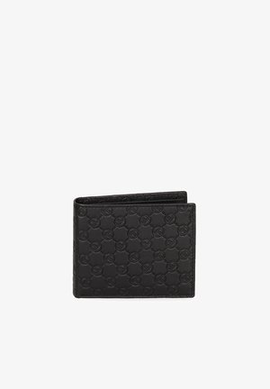 Portafoglio in pelle nera con un motivo impresso di cerchi interconnessi. Forma rettangolare compatta con una superficie testurizzata.