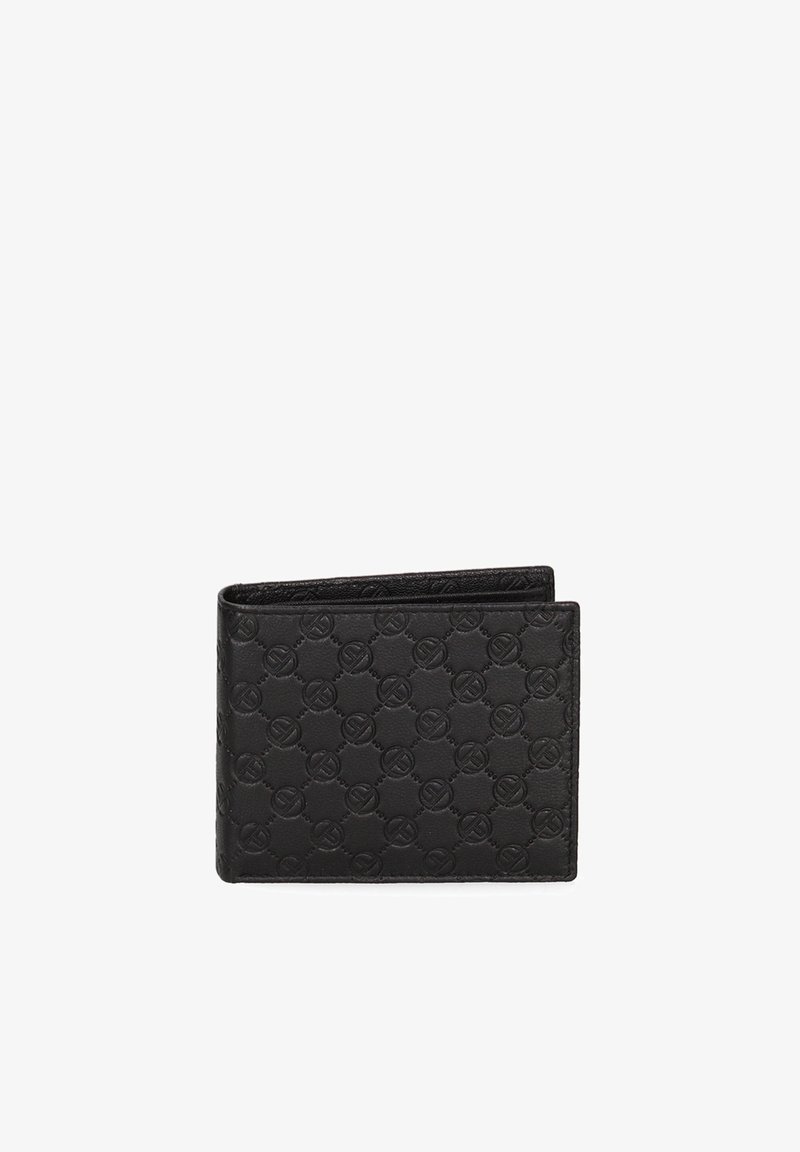 Zwarte leren portemonnee met een gegraveerd patroon van in elkaar grijpende cirkels. Compacte rechthoekige vorm met een gestructureerd oppervlak.