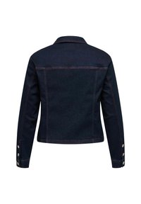 Mörkblå jeansjacka med långa ärmar, röd sömnad, knäppta manschetter och klassisk krage, sedd bakifrån.