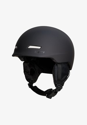 Mattschwarzer Helm mit silbernen Akzenten und einem gepolsterten Innenraum. Verfügt über verstellbare Riemen und Belüftungsöffnungen für zusätzlichen Komfort.