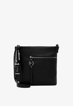 Melnas ādas plecu soma ar rāvējslēdzēja priekšējo kabatu, regulējamu siksnu, sudraba metāla elementiem un dekoratīvām pušķu akcentiem.