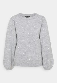 Maglione grigio lavorato a maglia con punti bianchi testurizzati, scollatura rotonda e maniche a sbuffo, con polsini e orlo a coste.